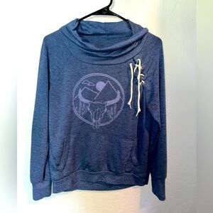 Well Worn Blue Bull Head Western Cowl Neck Sweatshirt